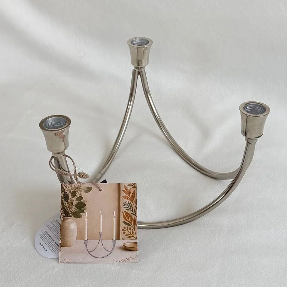 Modern Silver 3-Arm Candelabra Candle Holder, Made in India